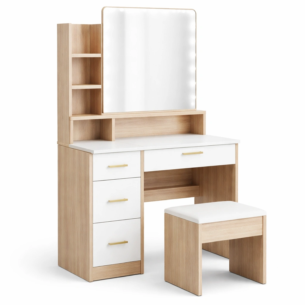 tocador moderno con espejo y taburete-dwellirae